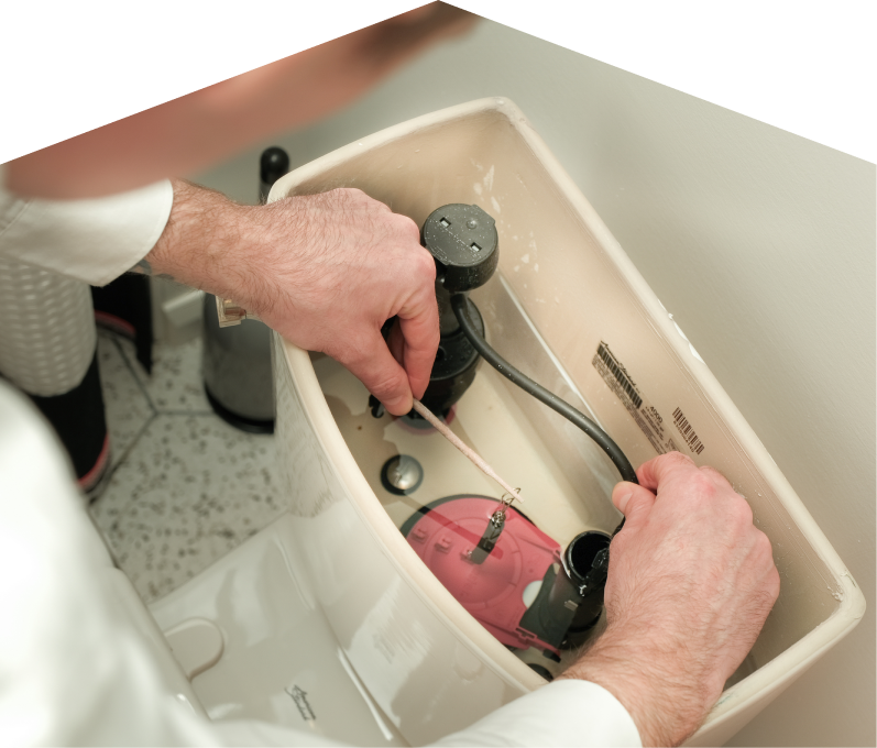 Home Aire Care plumbing specialist adjusts internal components of a toilet tank, with tile flooring visible in the background. Home Aire Care plumbing specialist adjusts internal components of a toilet tank, with tile flooring visible in the background.