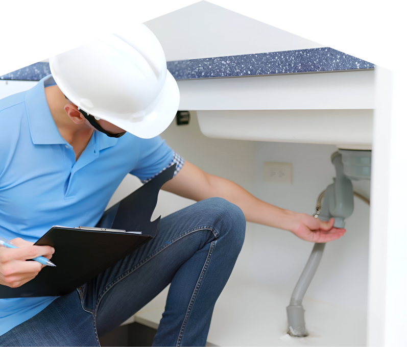 Home Aire Care plumbing specialist wearing a white hard hat, blue polo, and jeans, holding a clipboard while inspecting pipes under a sink for a water leak detection check. Home Aire Care plumbing specialist wearing a white hard hat, blue polo, and jeans, holding a clipboard while inspecting pipes under a sink for a water leak detection check.