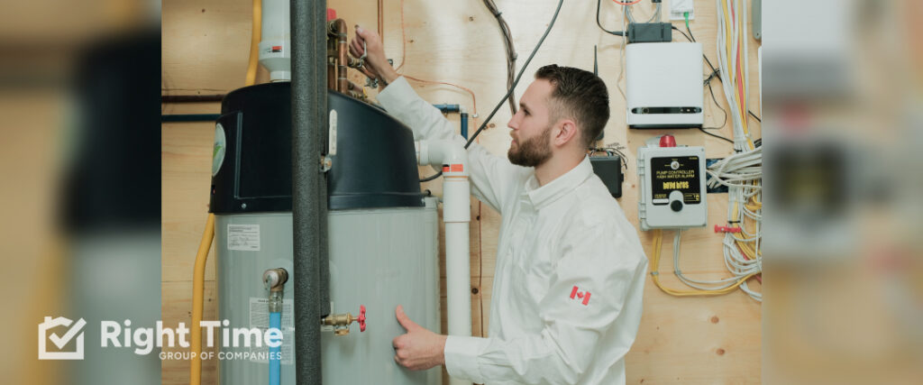 Professional HVAC technician inspecting water heater overheating issues in Trenton home basement showing boiler and furnace equipment
