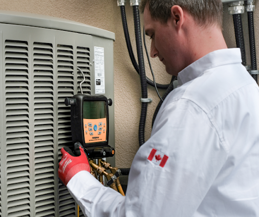 Home Air Care technician diagnosing refrigerant pressure on an outdoor AC condenser during an emergency service call.